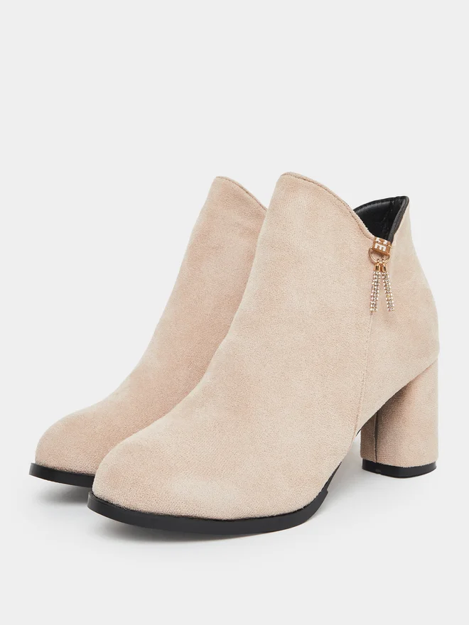 Styli Styli Women Beige Suede Block Heel Ankle Boots